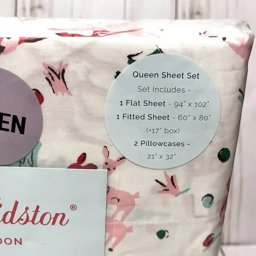 CATH KIDSTON London QUEEN Sheet Set 100% Cotton Ditsy Deer Christmas Holiday New